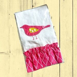 Pink Bird Appliqúe White Linen Lightweight Guest Towel Ruffle Feminine Whimsy